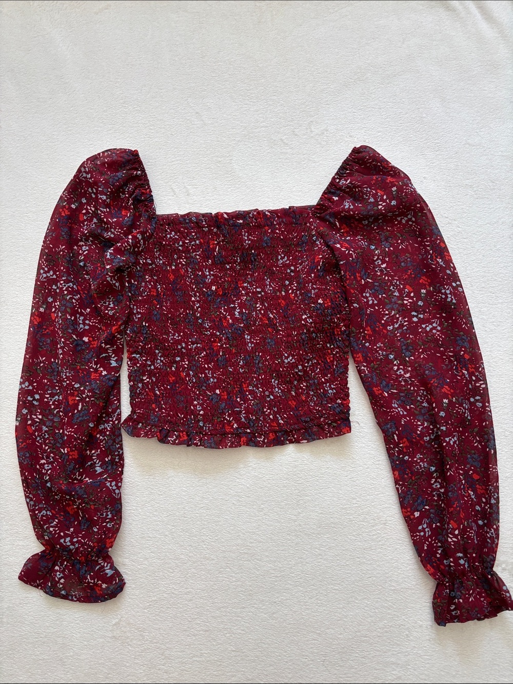 Japna Burgundy Floral Smocked Puff-Sleeve Crop Top XS